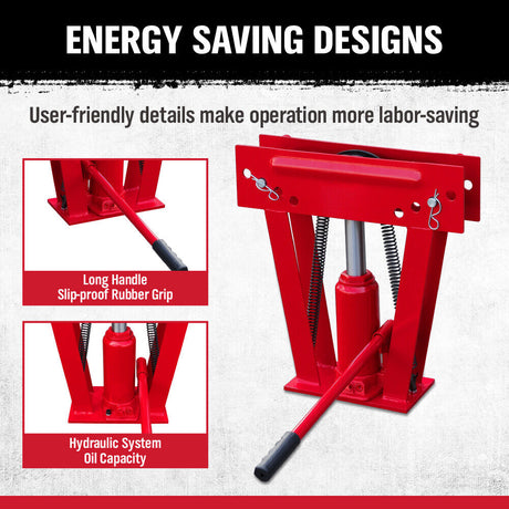 8-ton hydraulic pipe bender with 3-piece die set for precise 90-180 degree bending of various metal pipes, including steel, aluminum, and copper.