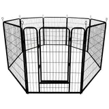 Foldable and adjustable metal pet playpen with 8 panels for indoor and outdoor use, suitable for small to large pets.
