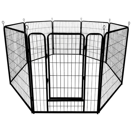 Foldable and adjustable metal pet playpen with 8 panels for indoor and outdoor use, suitable for small to large pets.