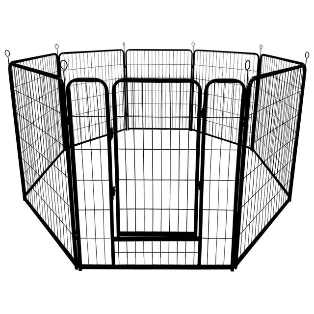 Foldable and adjustable metal pet playpen with 8 panels for indoor and outdoor use, suitable for small to large pets.