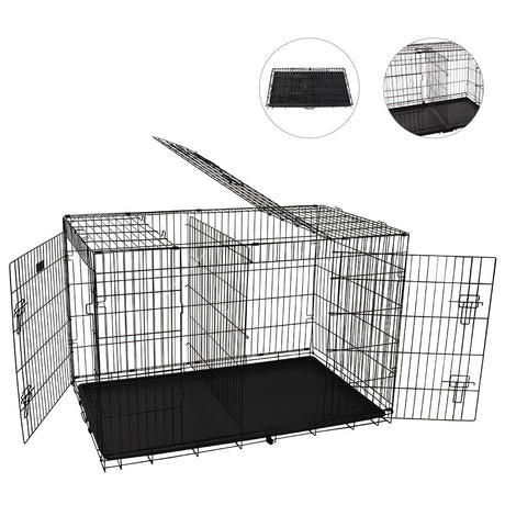 Foldable 24-inch dog cage with 3 doors, divider panel, leak-proof plastic tray, sturdy metal frame, and portable design for safe and comfortable pet housing.