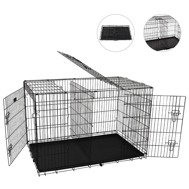 Foldable 24-inch dog cage with 3 doors, divider panel, leak-proof plastic tray, sturdy metal frame, and portable design for safe and comfortable pet housing.