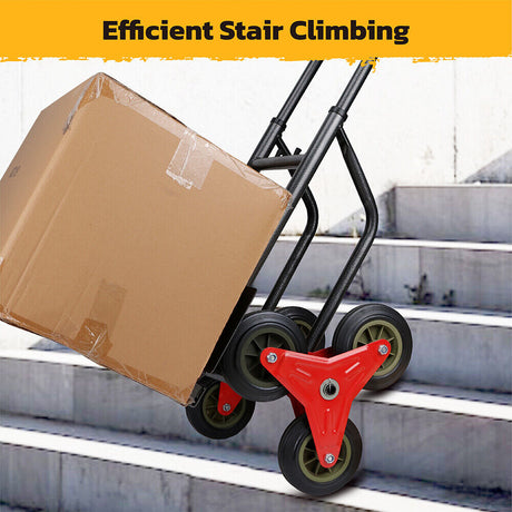 Folding stair climber hand truck with 440 lbs capacity, featuring tri-wheel design, adjustable height, and foldable frame for easy transport.