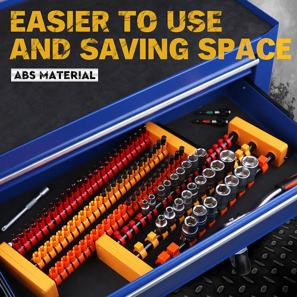 The HORUSDY 2-Pack Socket Rail and Screwdriver Bit Holder Set is made from durable ABS material, designed to hold 75 bits and 42 sockets. Suitable for organizing 1/4", 3/8", and 1/2" drive tools. Features spring-loaded ball bearings for secure socket storage and easy portability for workshops and garages.