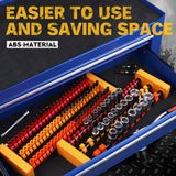 The HORUSDY 2-Pack Socket Rail and Screwdriver Bit Holder Set is made from durable ABS material, designed to hold 75 bits and 42 sockets. Suitable for organizing 1/4", 3/8", and 1/2" drive tools. Features spring-loaded ball bearings for secure socket storage and easy portability for workshops and garages.