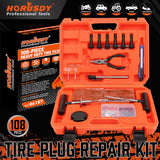 108-piece heavy duty tire repair kit with T-handle tools, pliers, utility knife, and tire plugs in a bright orange case"
