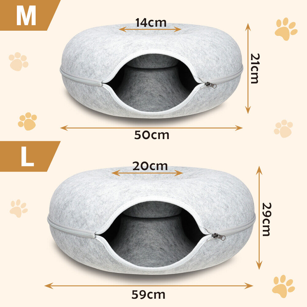 Cozy VaKa Cat Tunnel Bed in light and dark grey, M and L sizes, with a detachable and washable design, offering a free toy for cats.