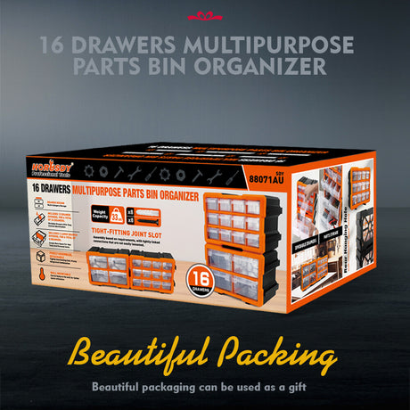 Wall-mountable modular parts organizer with 16 drawers for garage tools and hardware storage - HORUSDY Professional Tools Australia