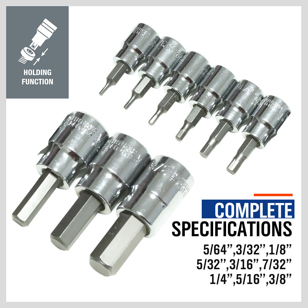 Close-up of HORUSDY SAE Hex Bit Sockets with Holding Function and Size Markings