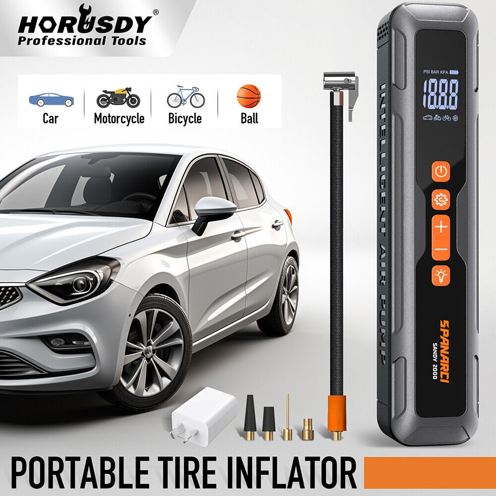 Portable digital tire inflator from HORUSDY with LED display, 6000mAh rechargeable battery, suitable for cars, motorcycles, bicycles, and sports balls.