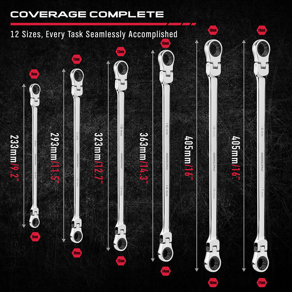 Extra long flex-head ratcheting spanner set with chrome vanadium steel construction, showcasing 180-degree rotating heads and multiple size options from 8mm to 19mm.