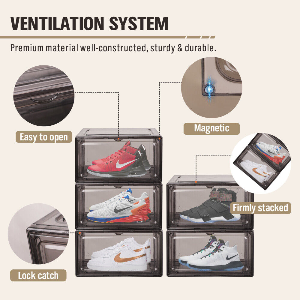 HORUSDY Transparent Black Acrylic Shoe Boxes for Sneaker Display and Storage, Stackable Design with Magnetic Closure