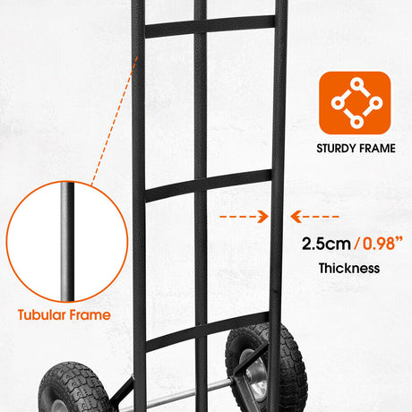 Heavy-duty sack truck with 250kg load capacity, sturdy metal frame, and durable rubber wheels for easy transportation.