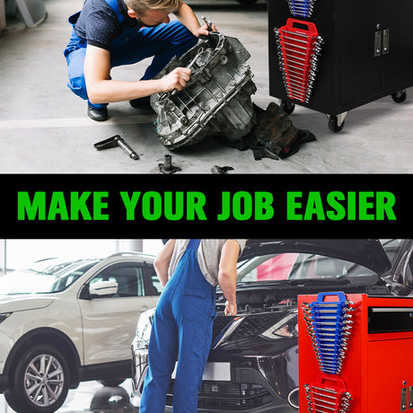 Magnetic wrench organiser set with red and blue 15-slot holders for wall or toolbox mounting, heavy-duty design with strong rare-earth magnets