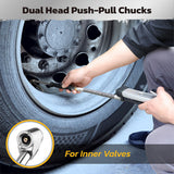 Handheld tire inflator with digital pressure gauge, dual head chucks, and TPMS compatibility for accurate inflation and deflation.