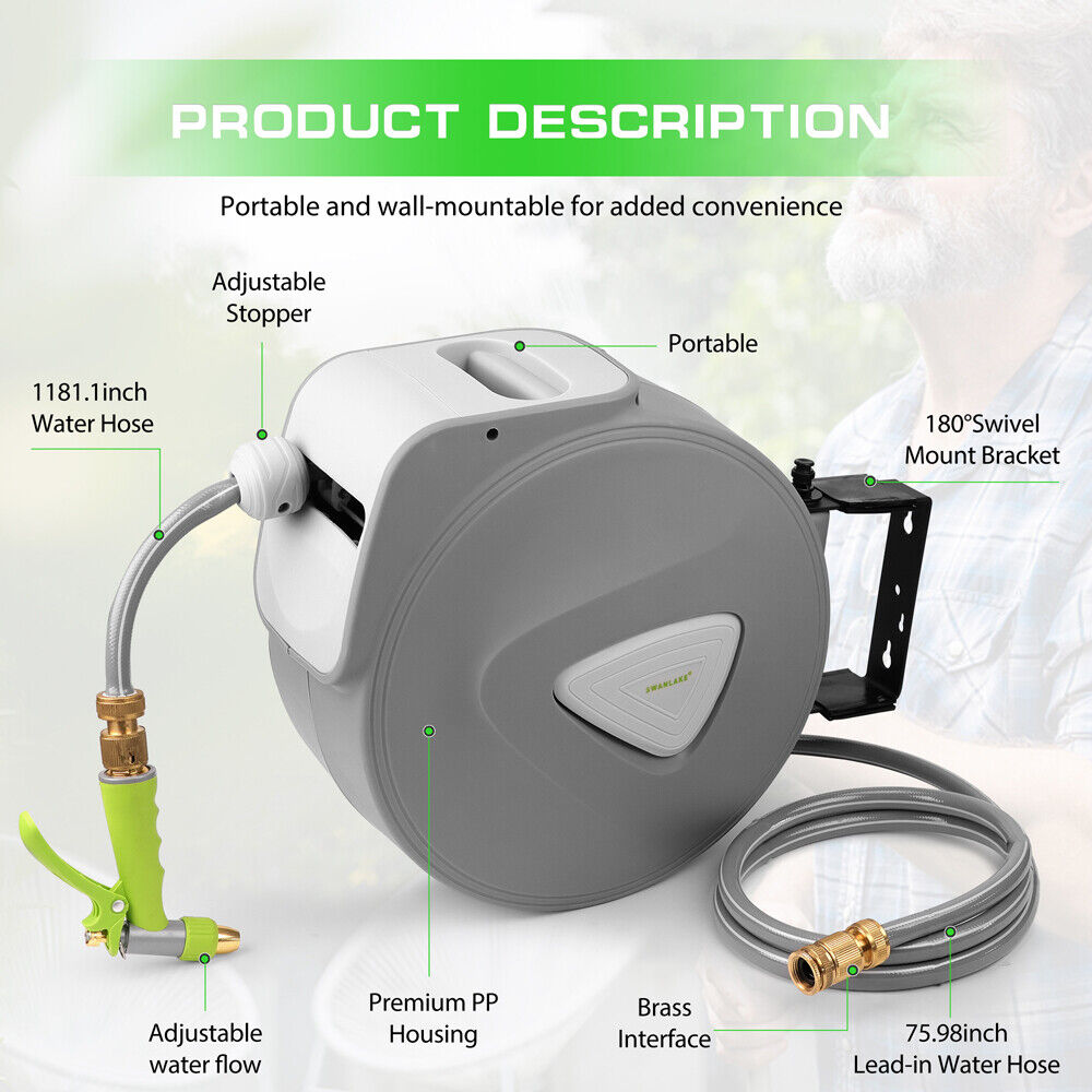 SWANLAKE retractable garden hose reel with 180-degree swivel, auto-rewind, and adjustable nozzle