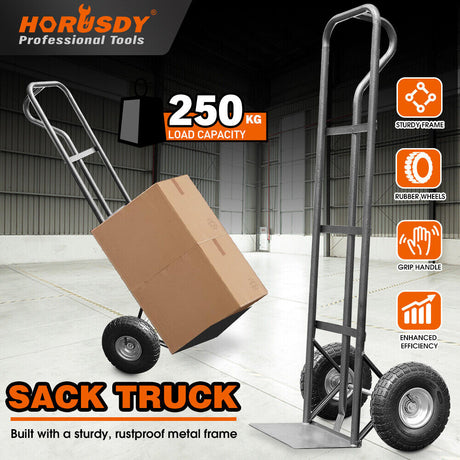 Heavy-duty sack truck with 250kg load capacity, sturdy metal frame, and durable rubber wheels for easy transportation.