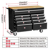 Heavy-duty HORUSDY tool chest cabinet with 42/46-inch width, 8/9 spacious drawers, wooden worktop, and lockable wheels for organized and mobile tool storage