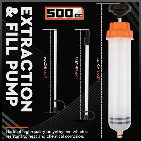 HORUSDY 500cc fluid extraction and fill pump with dual hoses and locking cap, ideal for oil and coolant transfer in cars, bikes, trucks, and lawn equipment.