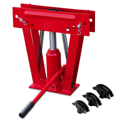8-ton hydraulic pipe bender with 3-piece die set for precise 90-180 degree bending of various metal pipes, including steel, aluminum, and copper.