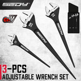 13-piece adjustable wrench set with heavy-duty Cr-V steel, laser-etched scale, rust-resistant finish, and crowbar design.