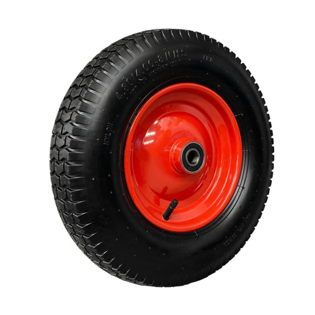 16-inch red and black pneumatic wheelbarrow trolley wheel, designed for durability and ease of use in garden and construction settings