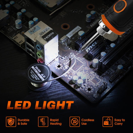 Cordless soldering iron kit with rechargeable 2000mAh battery, quick heating feature, and LED light