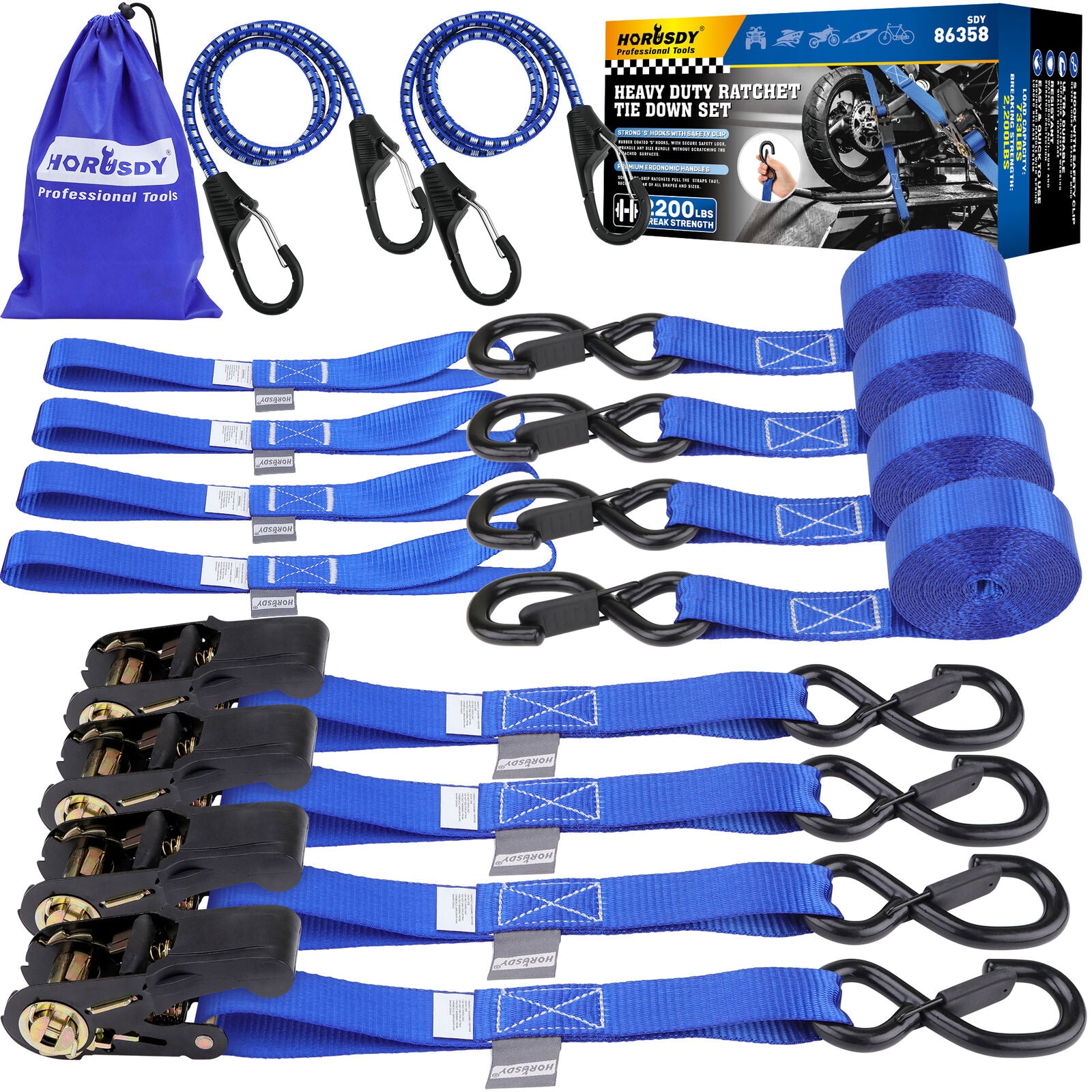 Heavy-duty ratchet tie-down straps with 2200 lbs break strength, rubber-coated S-hooks, ergonomic handles, bungee cords, and a premium storage bag.