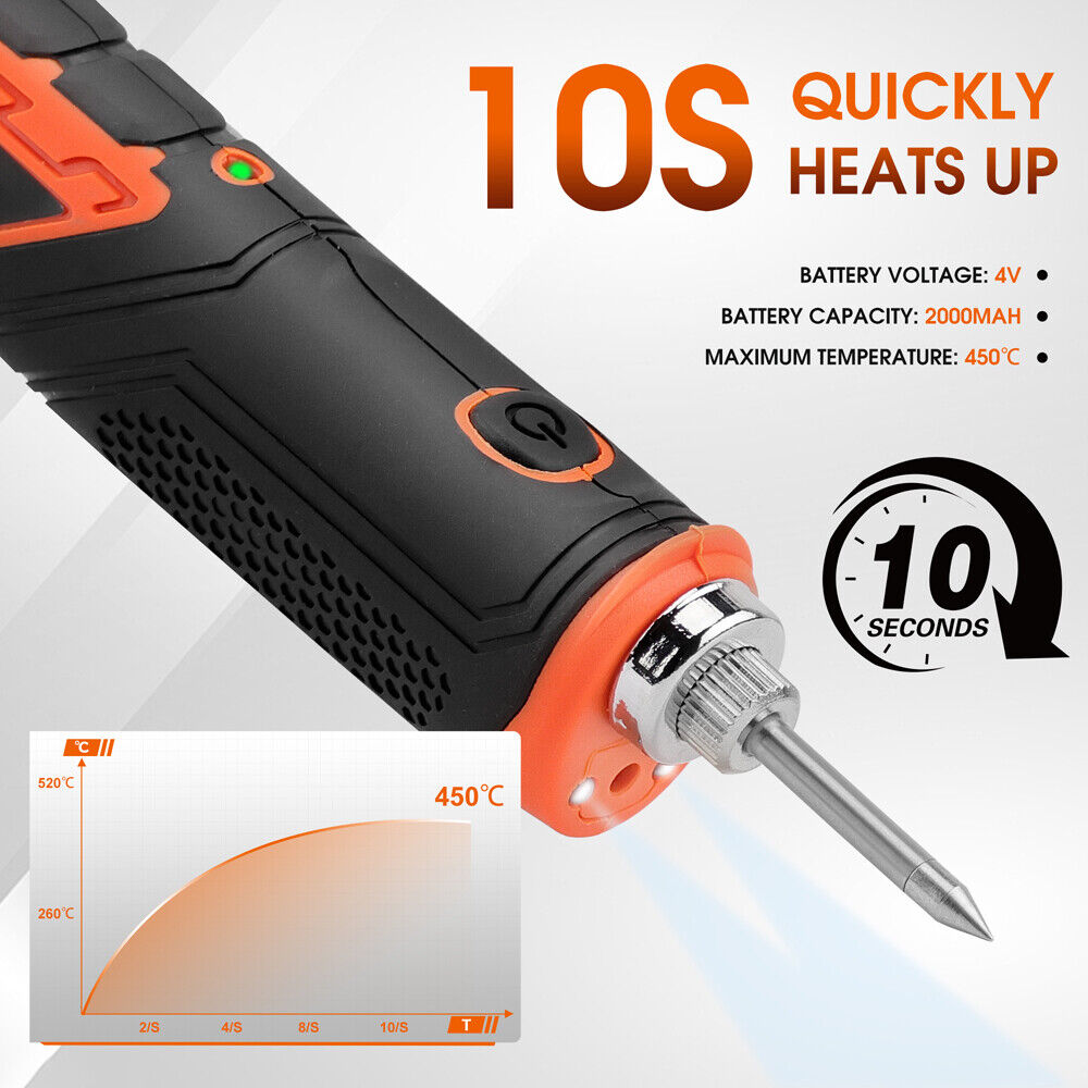 Cordless soldering iron kit with rechargeable 2000mAh battery, quick heating feature, and LED light