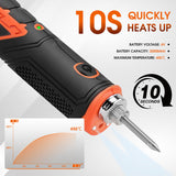 Cordless soldering iron kit with rechargeable 2000mAh battery, quick heating feature, and LED light
