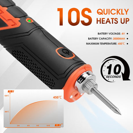 Cordless soldering iron kit with rechargeable 2000mAh battery, quick heating feature, and LED light