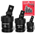 Sedy 3-piece impact universal joint socket set with 1/4", 3/8", and 1/2" drives, featuring Cr-Mo steel and 360-degree swivel for tight space access