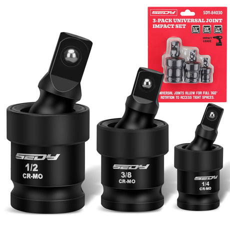 Sedy 3-piece impact universal joint socket set with 1/4", 3/8", and 1/2" drives, featuring Cr-Mo steel and 360-degree swivel for tight space access