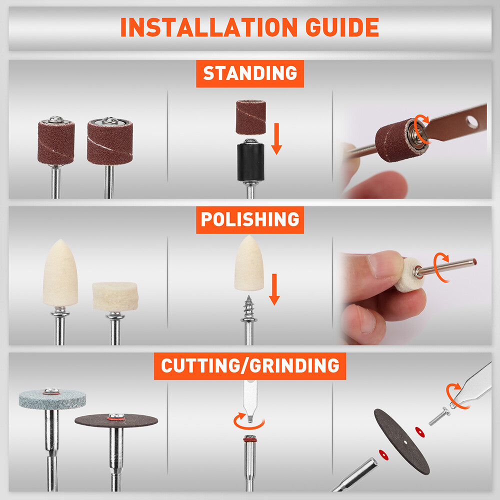 HORUSDY 308-piece rotary accessories kit compatible with Dremel tools, includes sanding, grinding, polishing, and cutting tools with organised storage case.