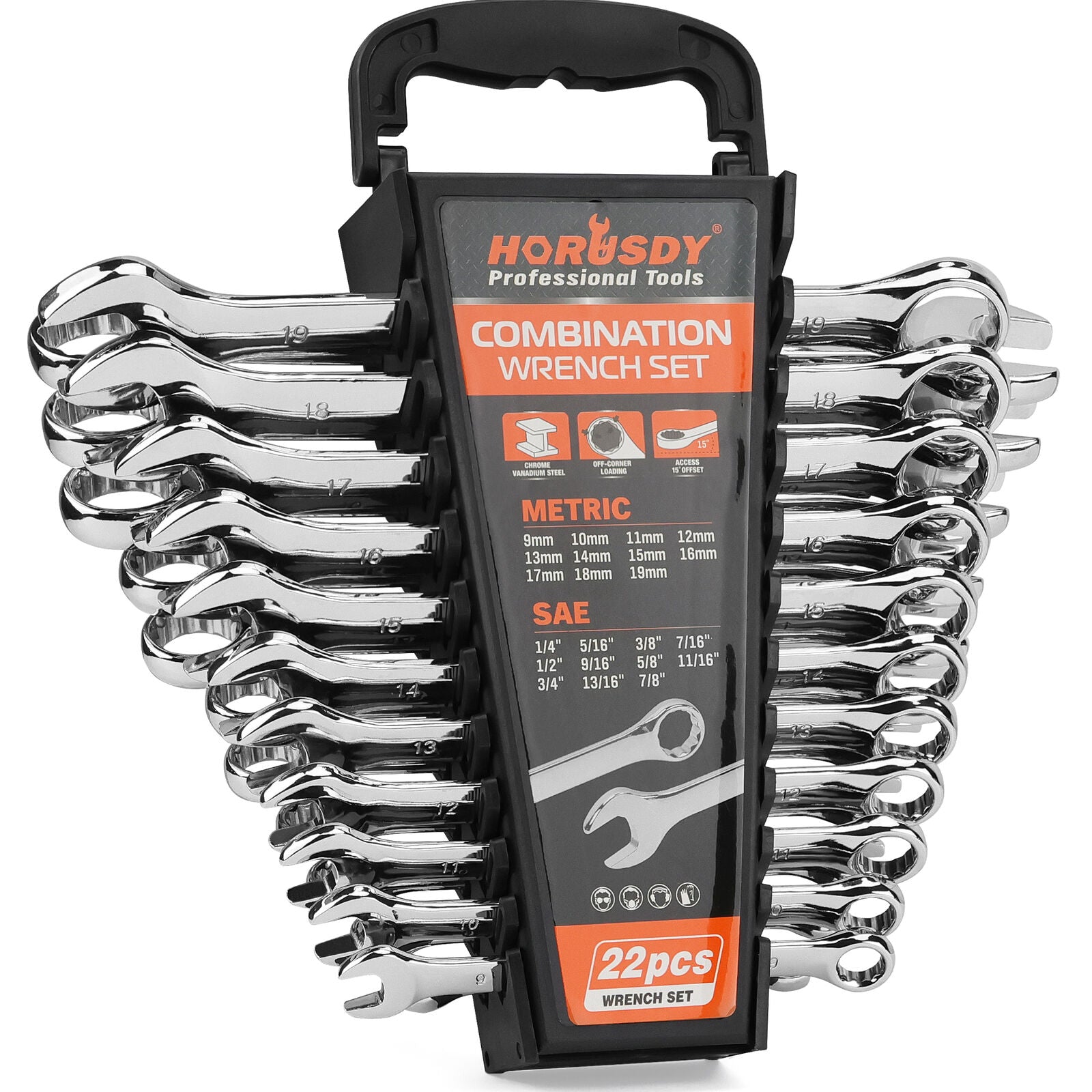 22-piece combination spanner set in SAE and metric sizes, made from durable CR-V steel, featuring corrosion resistance and a portable storage tray.