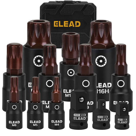 ELEAD 13-Piece Spline Bit Socket Set with S2 Alloy Steel and CR-V, Includes 3 Adapters for Versatile Applications
