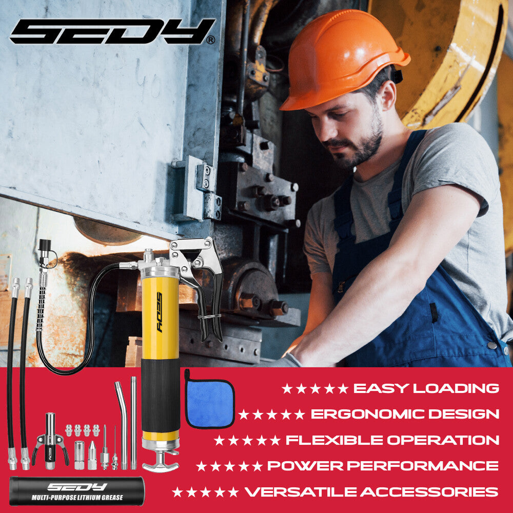 SEDY 17-piece grease gun kit with pistol handle, flexible spring hose, locking coupler, nozzles, and grease canister for heavy-duty lubrication work.