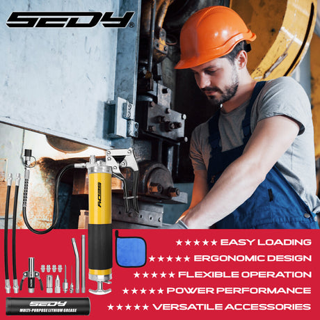 SEDY 17-piece grease gun kit with pistol handle, flexible spring hose, locking coupler, nozzles, and grease canister for heavy-duty lubrication work.