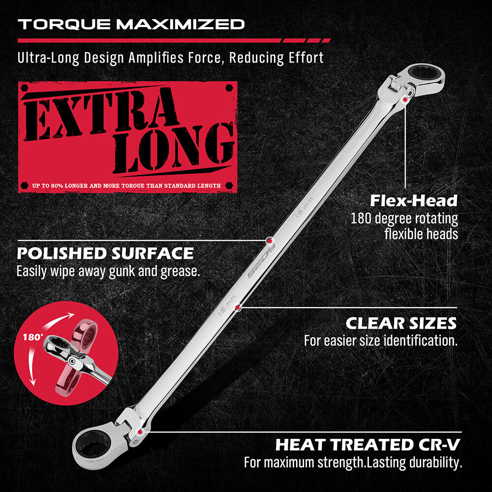 Extra long flex-head ratcheting spanner set with chrome vanadium steel construction, showcasing 180-degree rotating heads and multiple size options from 8mm to 19mm.