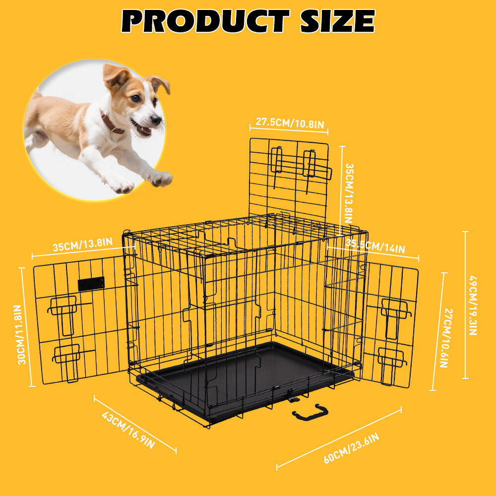 Foldable 24-inch dog cage with 3 doors, divider panel, leak-proof plastic tray, sturdy metal frame, and portable design for safe and comfortable pet housing.