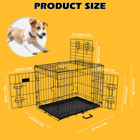 Foldable 24-inch dog cage with 3 doors, divider panel, leak-proof plastic tray, sturdy metal frame, and portable design for safe and comfortable pet housing.