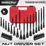 33-piece Sedy Nut Driver Set with magnetic force and premium CR-V steel, includes extensions and storage case