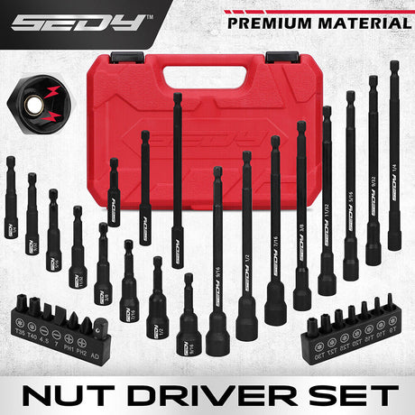 33-piece Sedy Nut Driver Set with magnetic force and premium CR-V steel, includes extensions and storage case