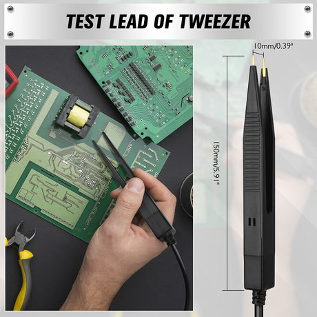 Multimeter test leads set with probes, alligator clips, and tweezers for precise electrical testing and circuit diagnostics.