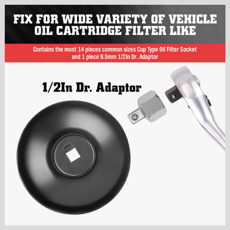 15-piece cup type oil filter wrench tool set for automotive maintenance, including various sizes of oil filter sockets in a red carrying case.