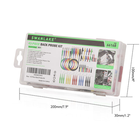 SWANLAKE 43-piece back probe test lead kit with silicone wires, multicolour probe pins, alligator clips, and banana plug connectors for diagnostic testing.