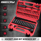 SEDY 64-piece socket and bit wrench set with CR-V steel sockets, universal joint, ratchet handle, and hard carry case for automotive and home tool kits