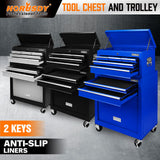 Heavy duty 7-drawer tool box chest with lockable storage cabinet in black, blue, and grey options