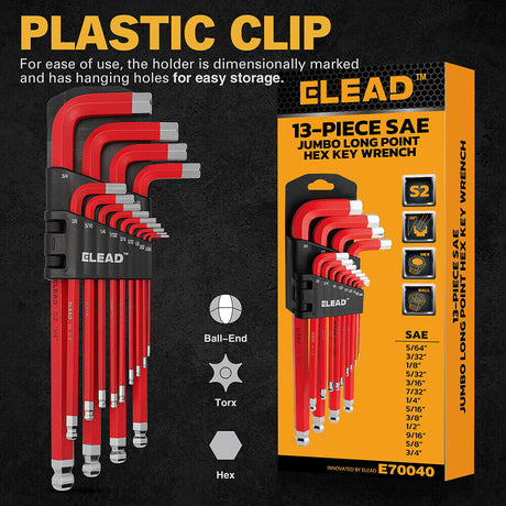 ELEAD 13-piece red hex key set with ball ends and size indicators, ranging from 5/64” to 3/4", for precision work in tight spaces