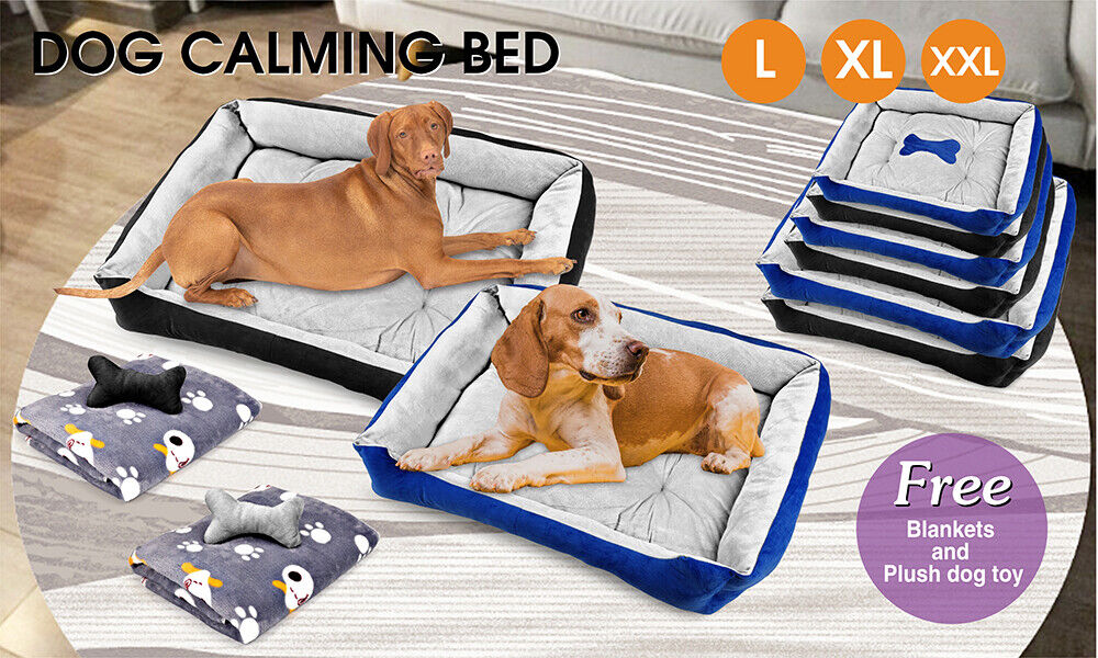 Vaka Dog Calming Bed in L, XL, XXL sizes, showcasing included free blankets and plush dog toy for the ultimate pet comfort.